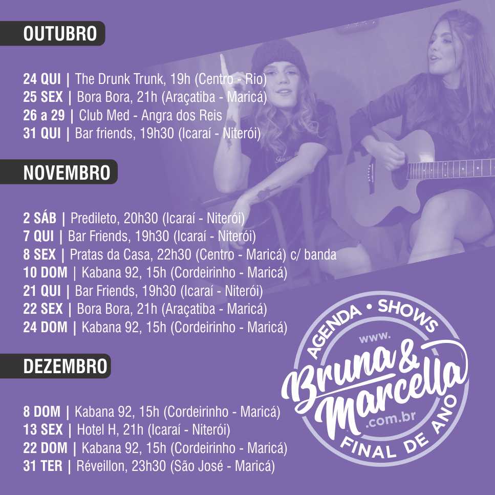 Agenda de shows da dupla Bruna e Marcella, no eixo Rio-Niterói-Maricá | Final do Ano 2019. #ShowBizAgenda

show ao vivo niteroi e maricá